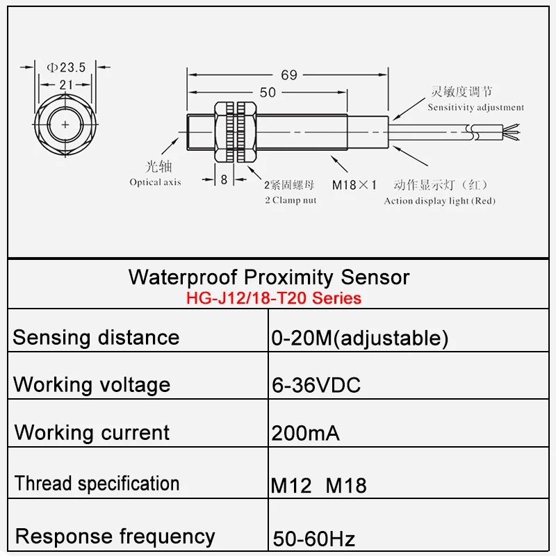 Laser Relative Reflection Photoelectric Switch HG-J12/18 T20 M12/M18 0-20M Sensing DistanceInfrared Sensor