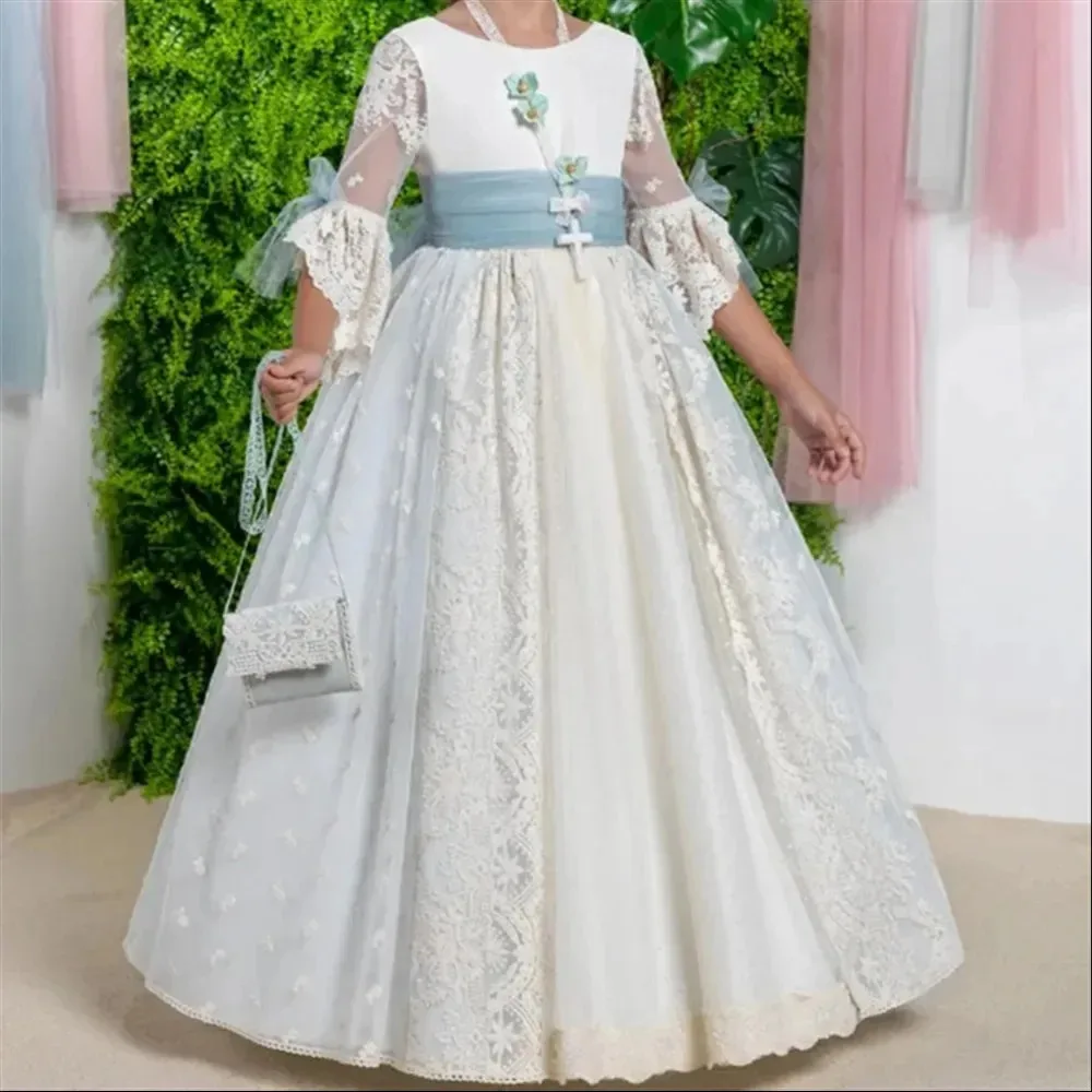 Flower Girl Dresses Pageant for Wedding Lace Appliques Floor Length Elegent Girl Birthday Party First Communion Gowns Customized
