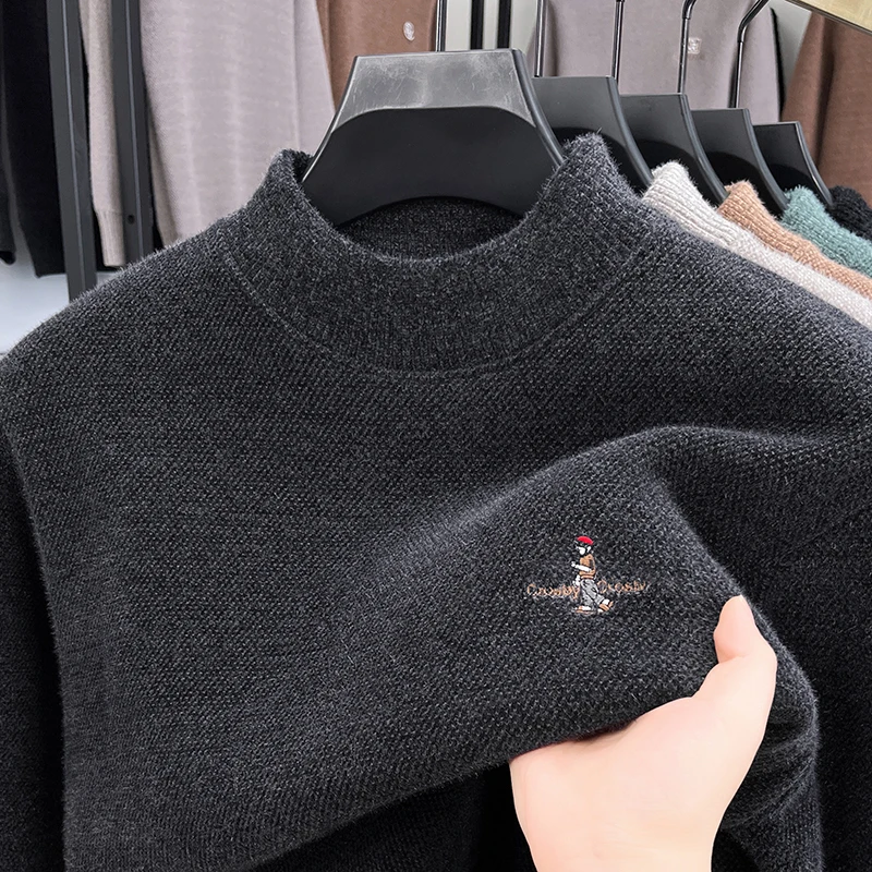 

Light luxury brand round neck knit sweater cartoon embroidery plush thicken warm pullover Korean style fashion casual men's wear