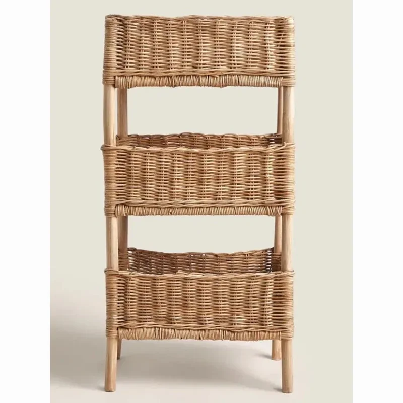 Natural rattan rack floor-to-ceiling three-layer washable multi-layer solid wood storage rack finishing storage basket