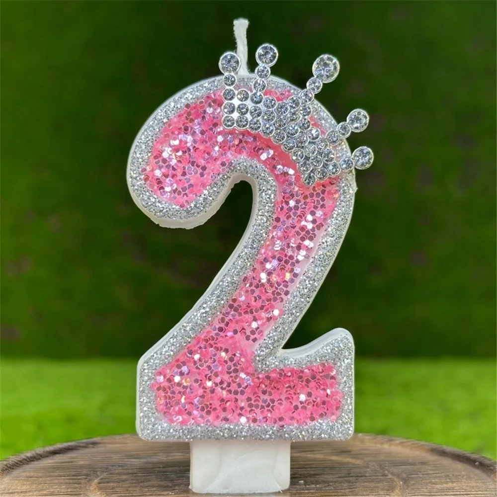 Shiny Pink Number 0-9 Birthday Cake Candle Kids Birthday Party Wedding Cake Candles Silver Crown Ornaments Digital Candles Decor