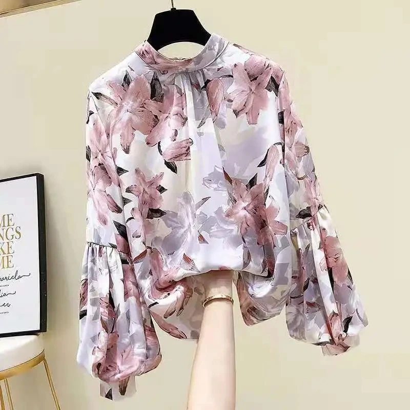 Fashion Spring Lantern-sleeve Blouse Women Long-Sleeve Printed Chiffon Shirt Summer Loose Overshirt Streetwear Tops Chic Shirts