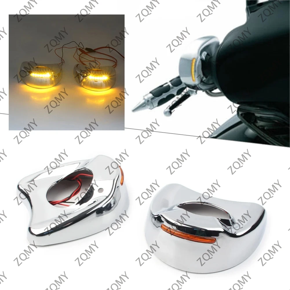 

2PCS Motorbike Chrome Fairing Mount Side Mirror LED Cover Shell w/ Amber Light for Harley Touring Electra Glide 1996-2013