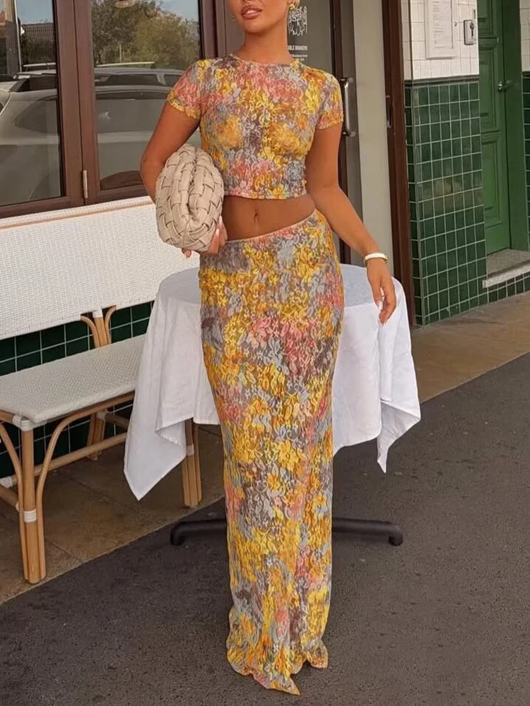 

European and American style women's clothing New fashion temperament round neck lace print short sleeve top skirt suit