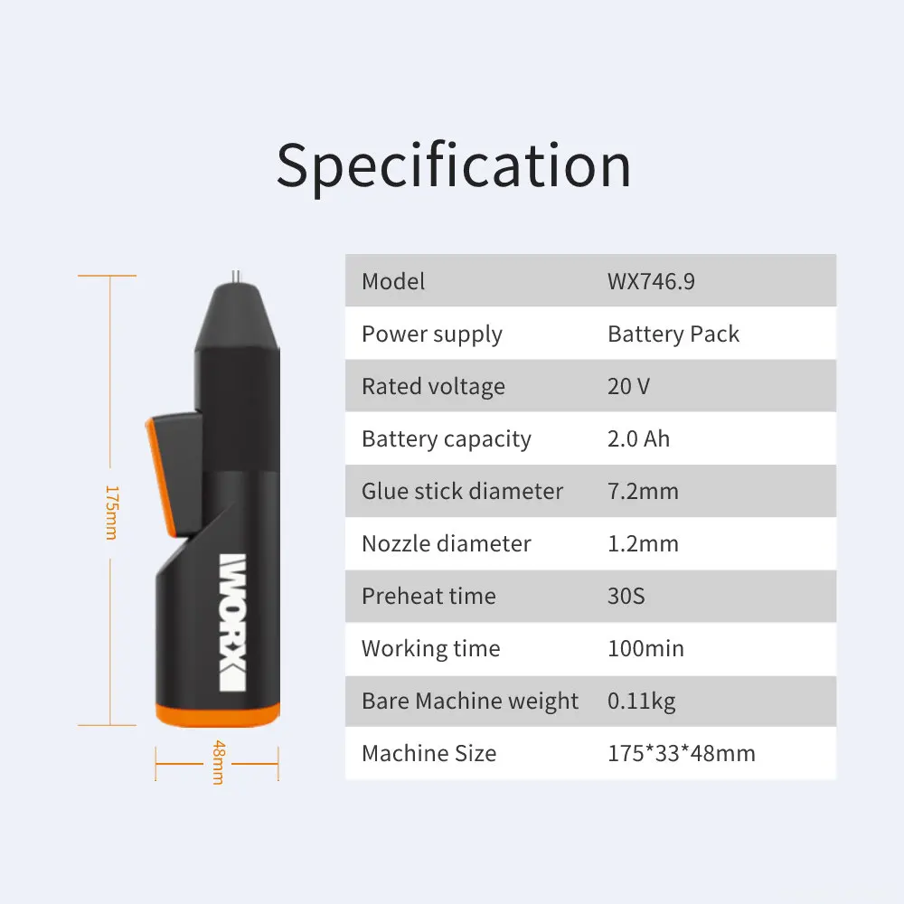 Xiaomi Worx Mini Hot Glue Gun WX746.9 MakerX Electric Glue Gun Universal 20V Battery Rechargeable 7mm Glue Stick Repair Tools