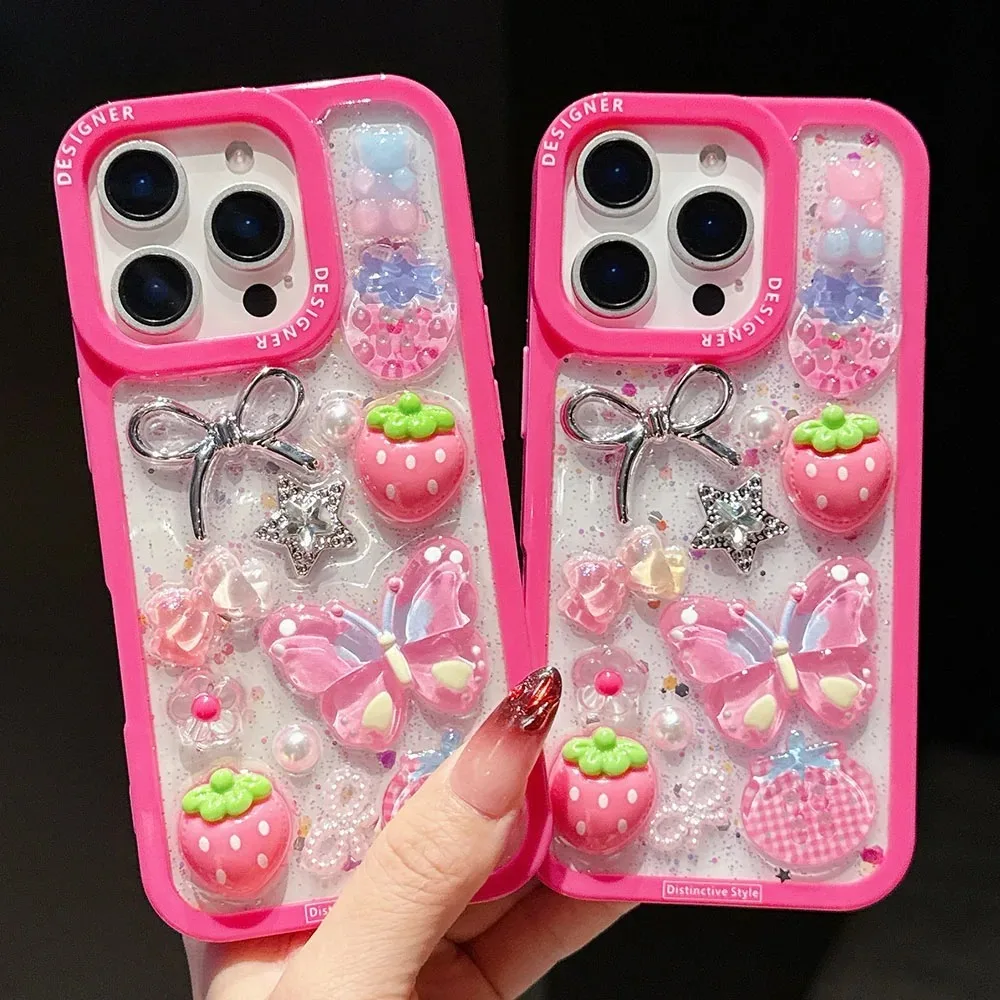 Linda funda para teléfono fucsia 3D fresa mariposa estrella, adecuada para iPhone 17Air,16,15,14 Plus,13 Pro Max, funda protectora brillante