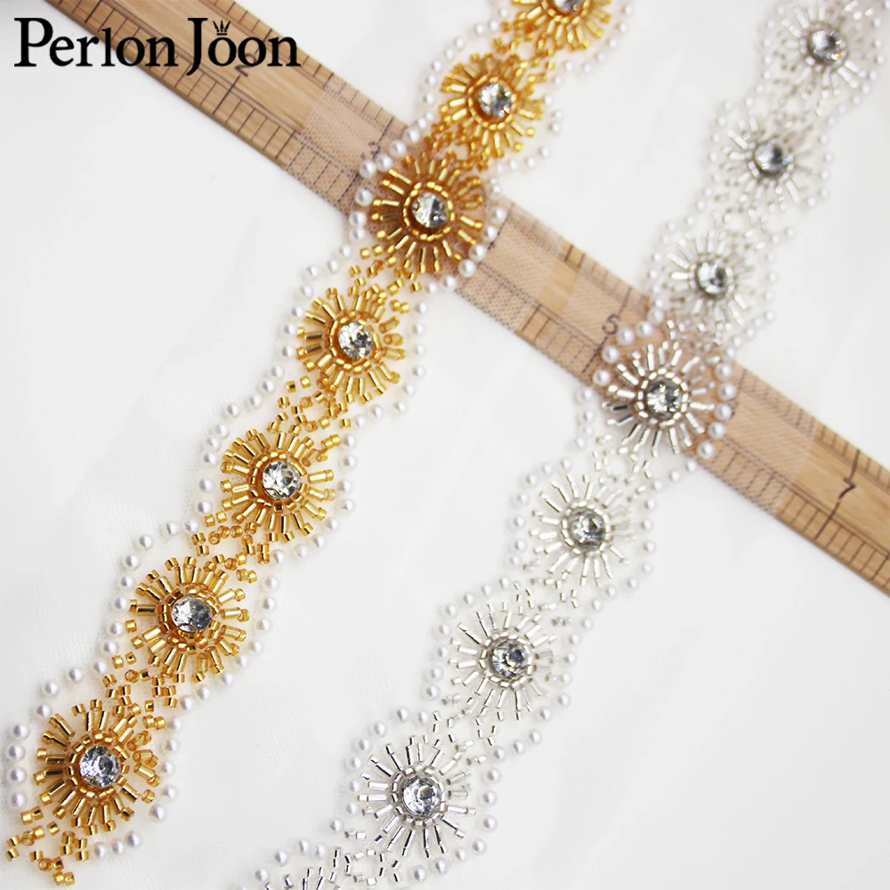 5Yards/pcs Round Shape Crystal Pearl Beaded Imitation Handmade Mesh Lace Trim Clothing Wedding Dress Belt DIY Decoration HB105