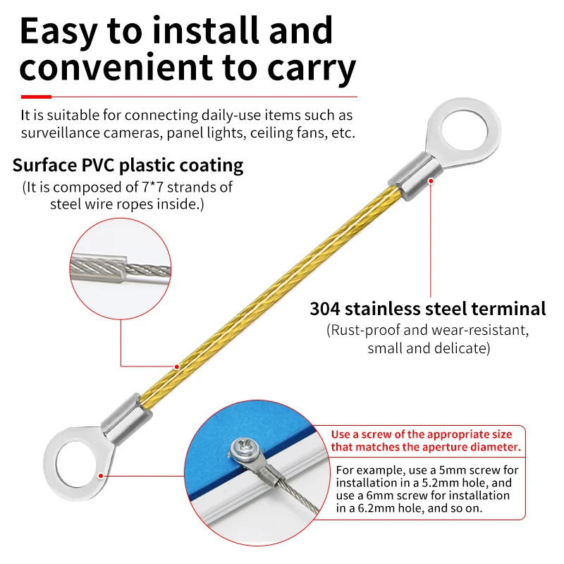 4PCS PVC Coated Stainless Steel Cable Hole End with 2mm Steel Wire Rope and Steel Wire Rope Processing Anti-Fall Safety Rope
