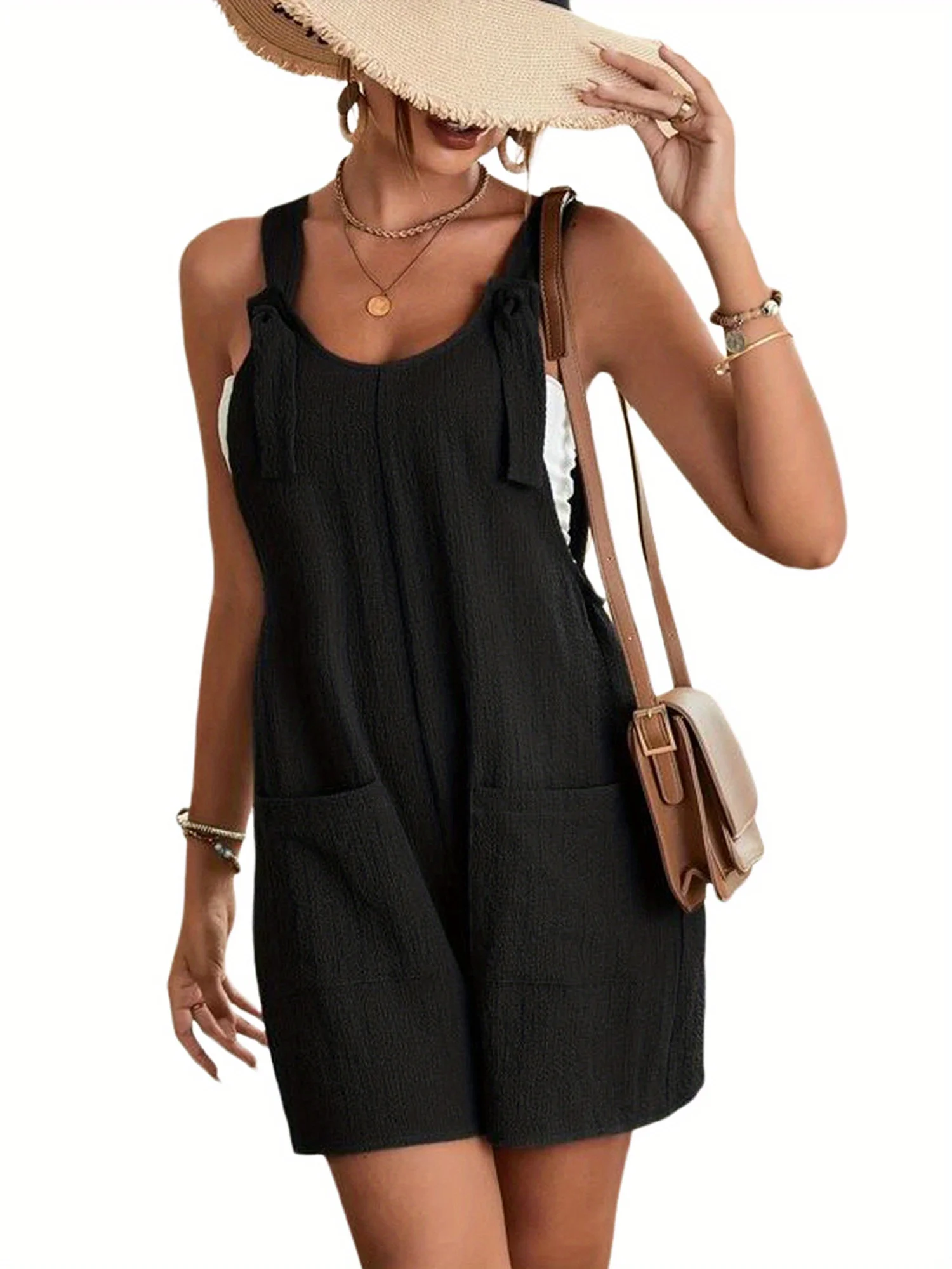 

women's casual romper shorts summer solid color sleeveless halter short jumpsuits overalls with pockets