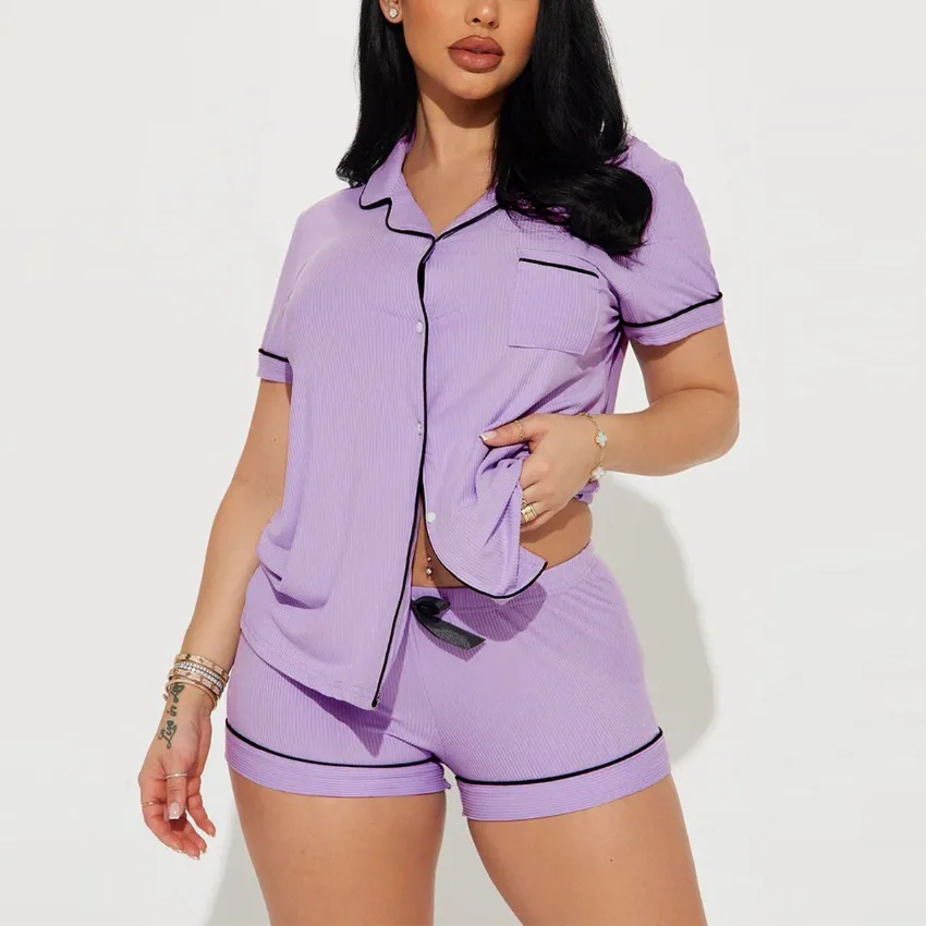 

Pajamas For Women's Summer New Sleepwear Lapel Basic Pit Strips Short Sleeve Shorts 2PCS Loungewear Purple Color