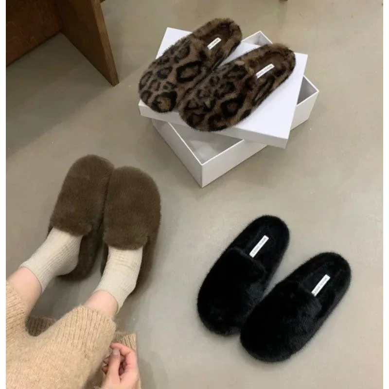 

Leopard Women Fur Cotton Slippers Winter Flats Cotton Shoes Woman Trend Fashion Slingback New Warm Snow Boots Flip Flops