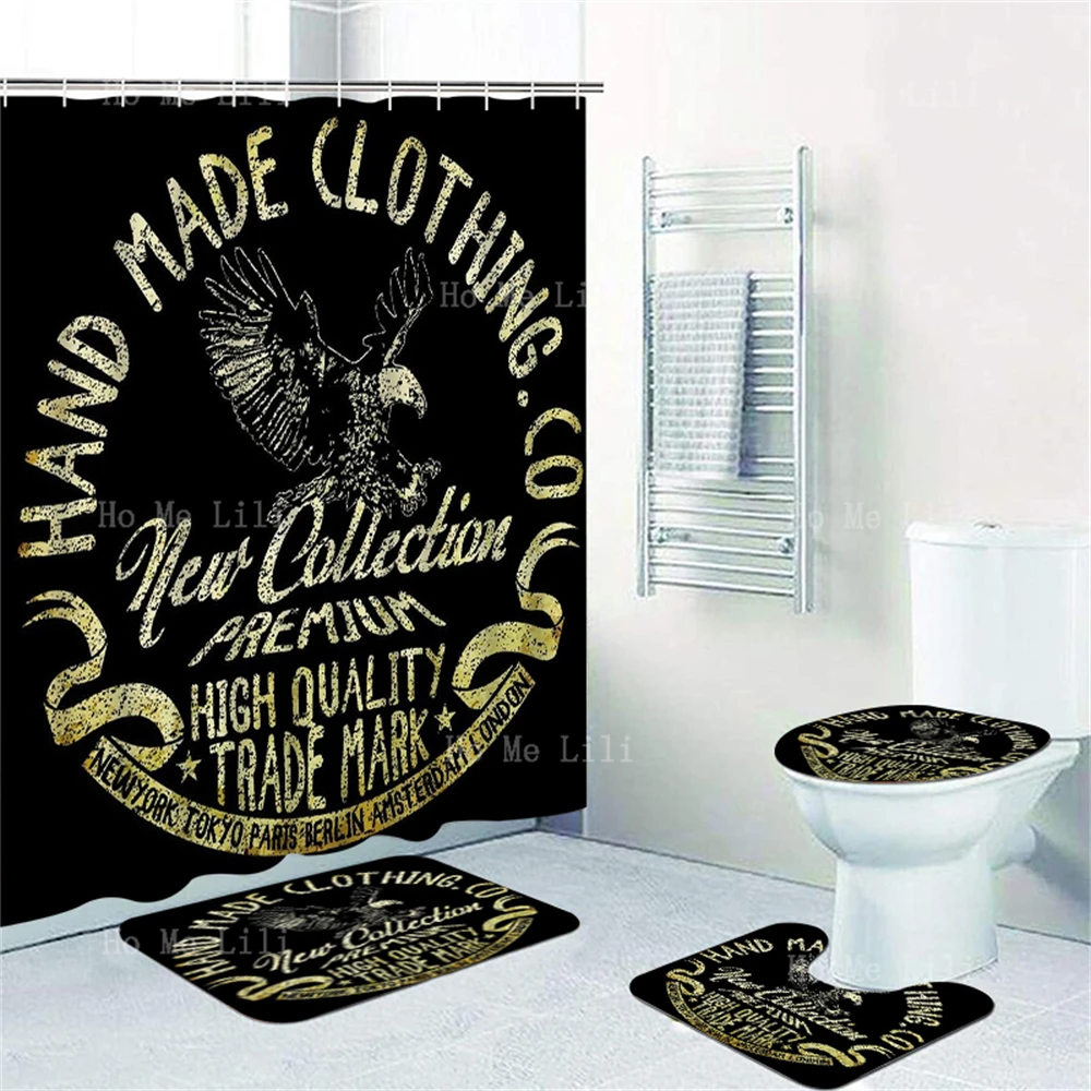 Vintage Art With Eagle And Fun Letters Shower Curtain Sets With Rugs