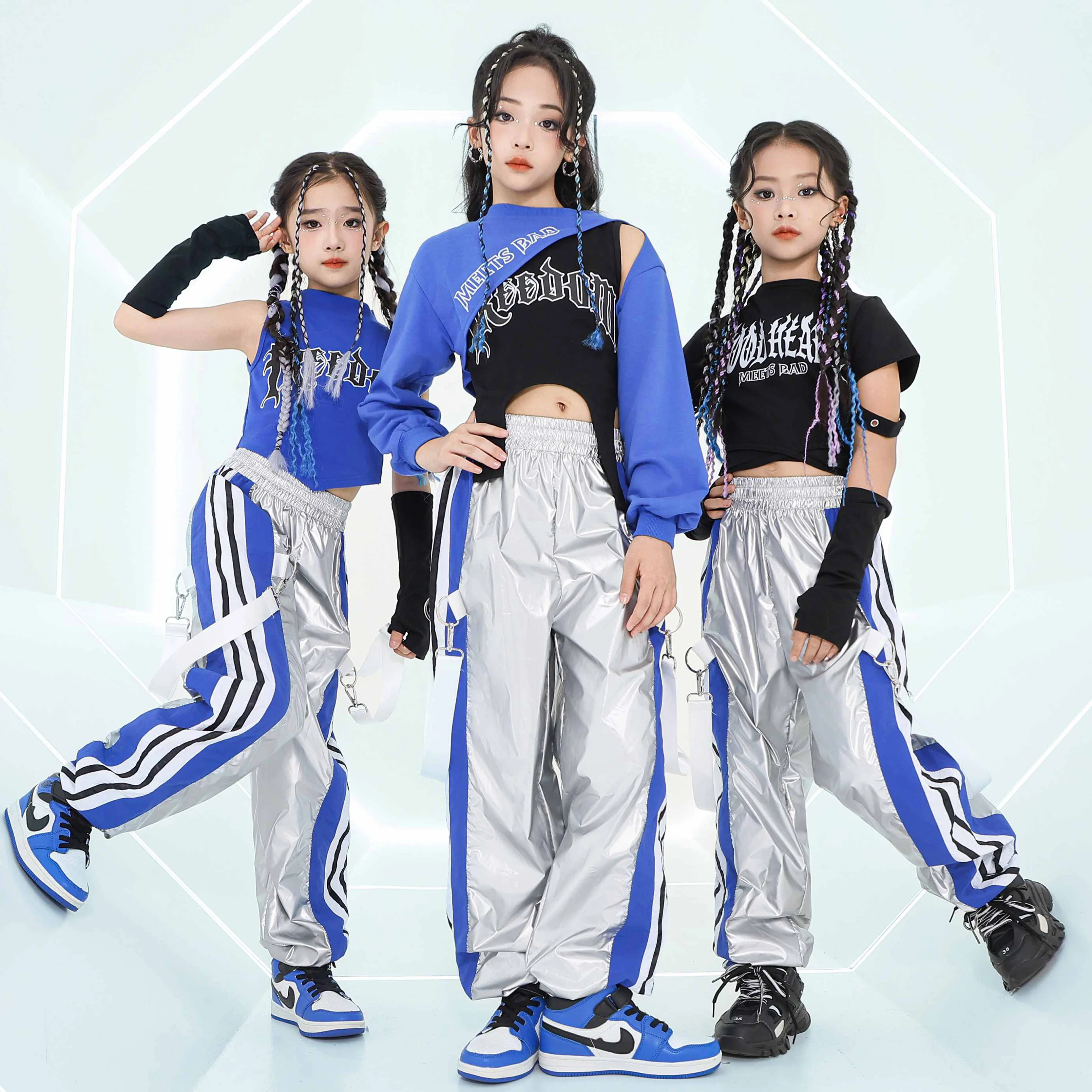 2024 Hip Hop Kids Clothes Girls Blue Tops Silver Pants Fashion Cool Jazz Performance Costume Catwalk Concert Stage Outfit L14087