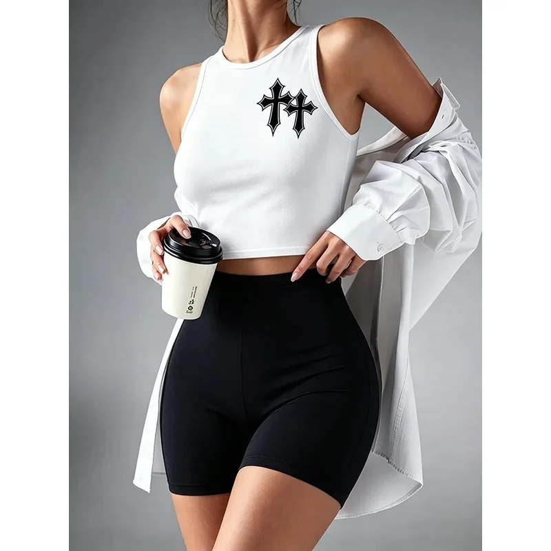 Women's Summer Casual Outfit Cross Print Solid Color Round Neck Sleeveless Vest Top with Elastic Waist Slim Fit Shorts Set