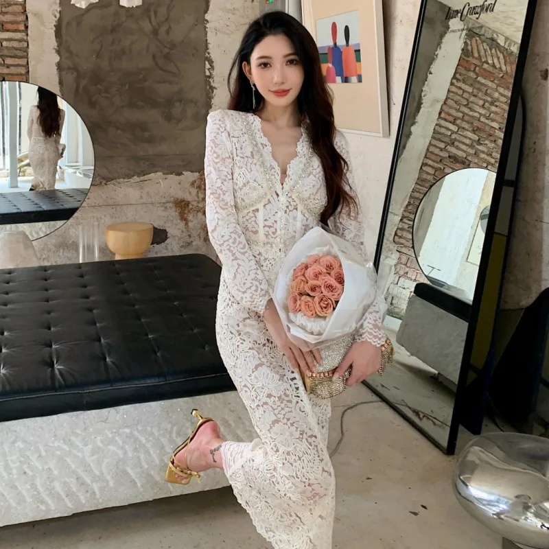 

New Women Clothing V-neck Long-sleeved Dress Long Skirt Evening Dress