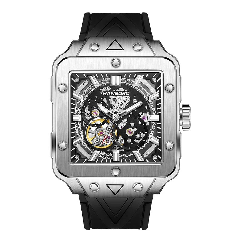 

HANBORO Men's Square New Fully Automatic Mechanical Watch Skeleton Luminous Waterproof Mechanical Watch