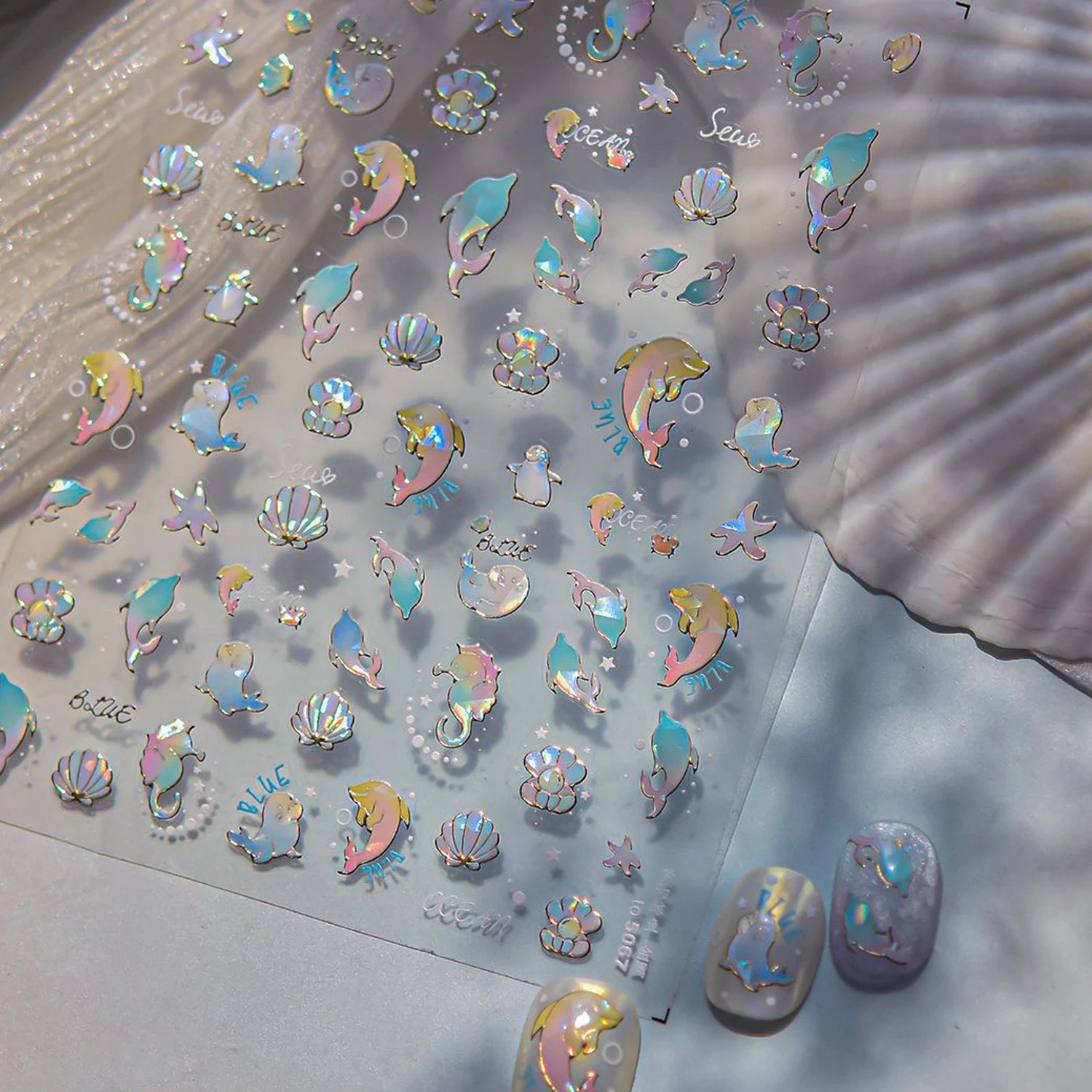 5D 海かわいいクジライルカペンギン海タツノオトシゴ巻貝貝殻ヒトデカニホタテネイルアートステッカーマニキュアデカール DIY