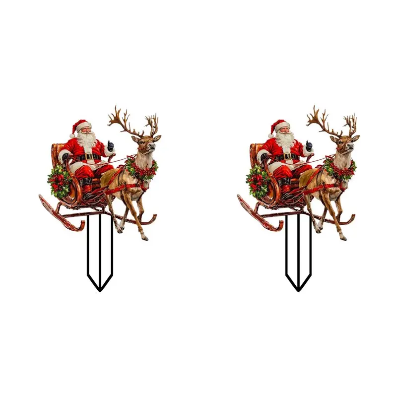 【THANKSGIVING DAY】2X Santa Claus Riding A Reindeer Sleigh To Deliver Gifts Acrylic Outdoor Garden Waterproof Patio Plug