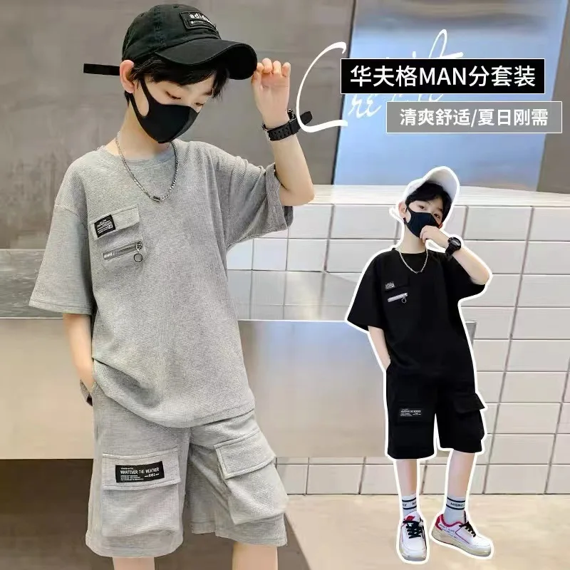 2026 summer Teenager Boys Clothes Casual solid thin Kids Tracksuit Children set black t shirt + short pant pocket 5 6 7 12 Year