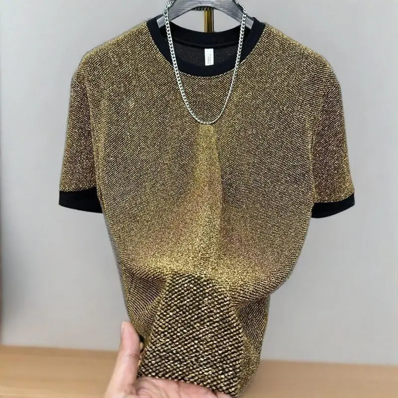 Shiny Silk Men O Neck Short Sleeve T Shirt Summer Fashion Hip Hop Punk All-match 2xl Oversize Streetwear Golden Silver Party Bar