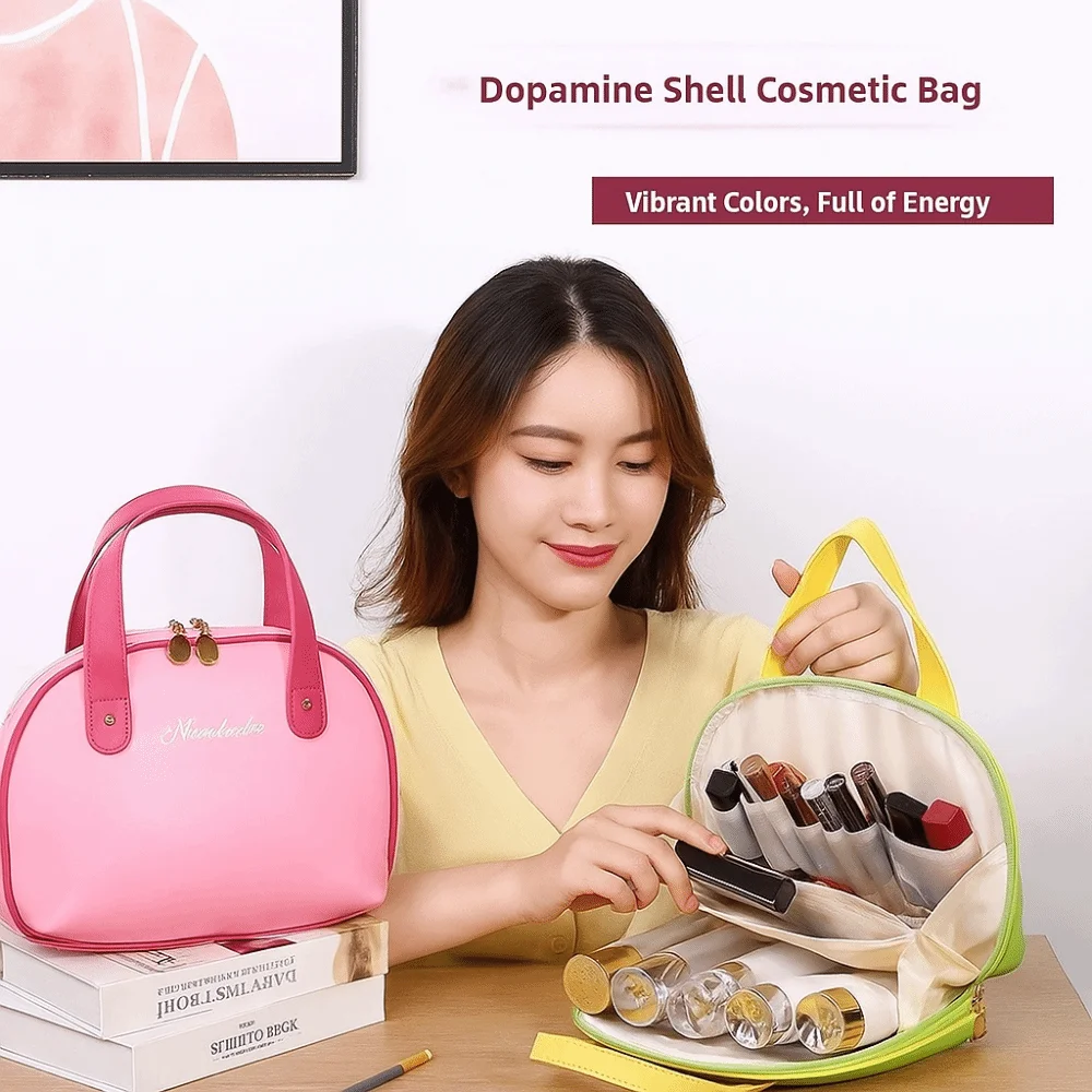 

Большая вместительная косметичка из искусственной кожи, контейнер для хранения, водонепроницаемая ручная косметичка с отделениями, сумка для стирки цвета дофамина
