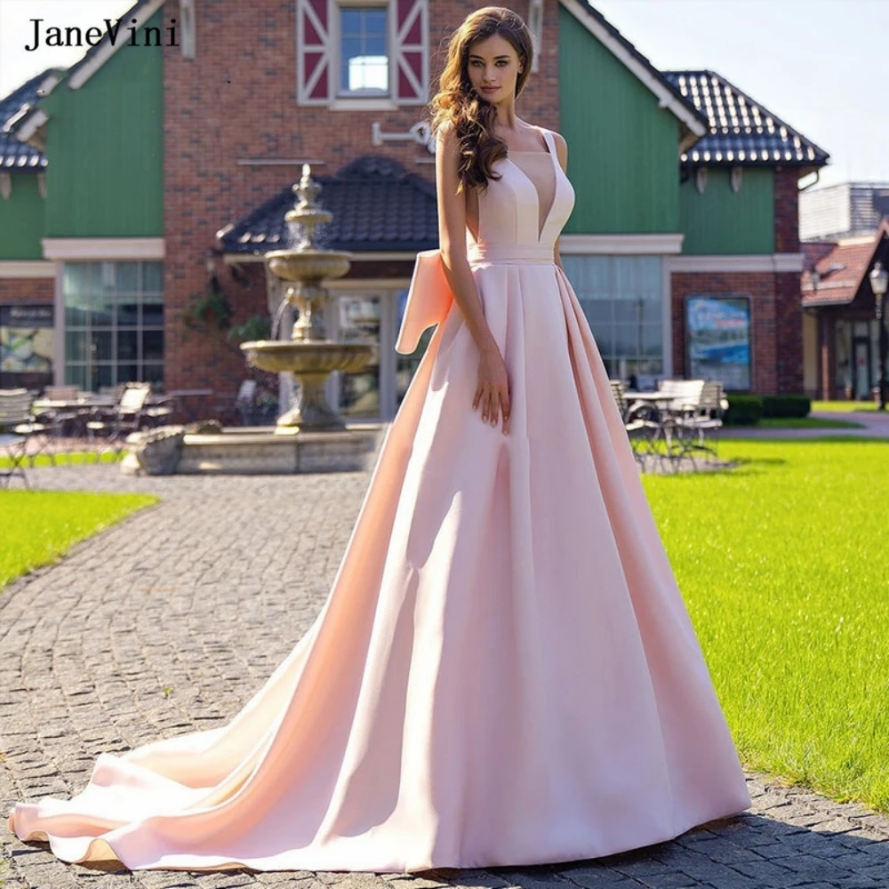 JaneVini New Romantic Long Prom Dress Deep V Neck Sleeveless Big Bow Back A Line Satin Pink Birthday Dresses for Women Customize