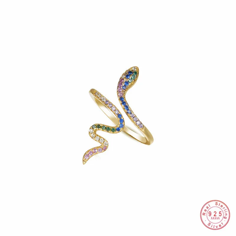 

925 Sterling Silver Micro-Set Colored Zircon Exquisite Snake Ring for Women Fashion Simple Vintage Jewelry Accessories