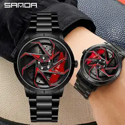 SANDA Fashion Hot Sell Car Rim Men Watch Stainless Steel Waterproof Sport Watch 360 Degree Rotating Wheel Rim Dial Quartz Watch
