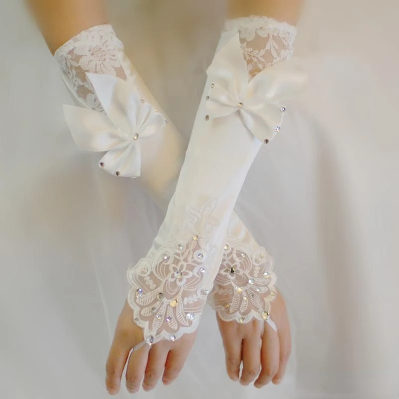 Luvas nupciais de cetim marfim com miçangas e rendas, sem dedos, longas, luvas de vestido feminino, acessórios para casamento, arco barato,