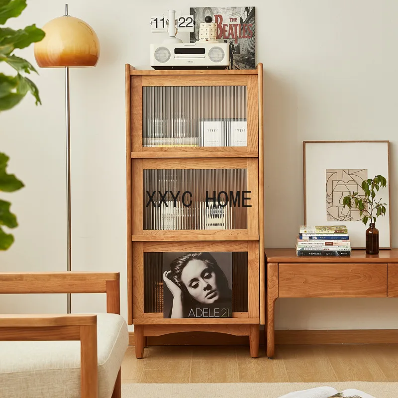 Cherrywood Bookcase All Solid Wood Nordic Glass Bookcase with Door Modern