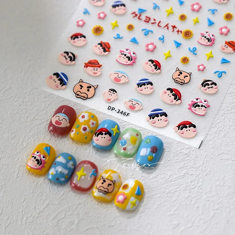 1PCS 5D Kawaii Crayon Shin-chan Series Nail Decals Pastel Color Embossed Stickers Easy Apply Nail Art for Casual Wear Stickers