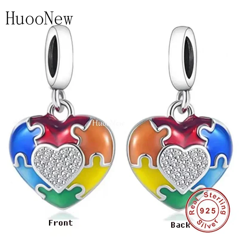 925 Silver Autism Asperger Awareness Puzzle Jigsaw Piece Heart Bead Fit Original Pan Charms Bracelet For Women Berloque 2022 New