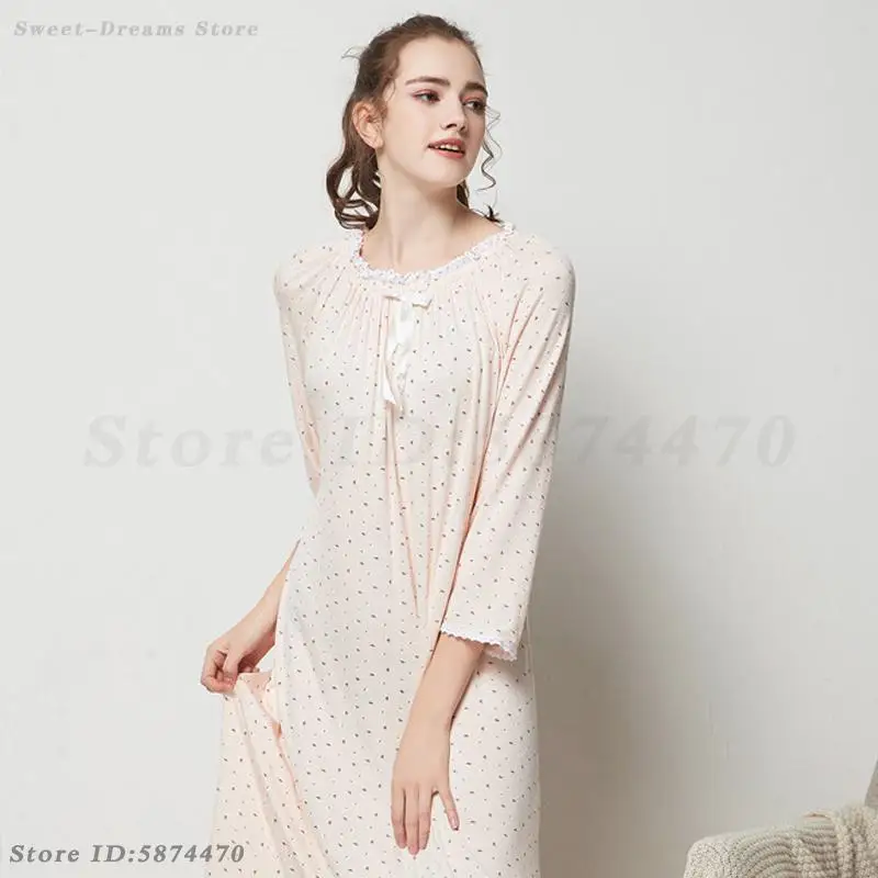 Spring Summer Long Nightdress Sweet Round Neck Printed Nightgown Sleepwear Cute Princess Home Dressing Loose Casual Nightwear 4