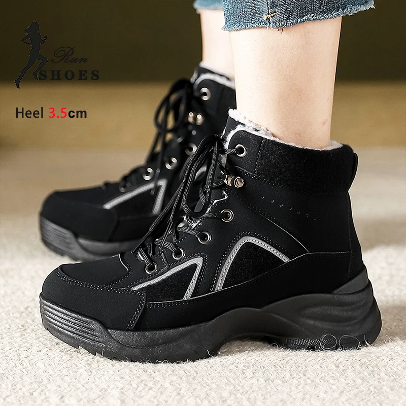 

Новые зимние повседневные теплые ботинки на шнуровке для женщин, универсальная уличная противоскользящая женская обувь 3,5 см, черные зимние короткие ботинки на платформе