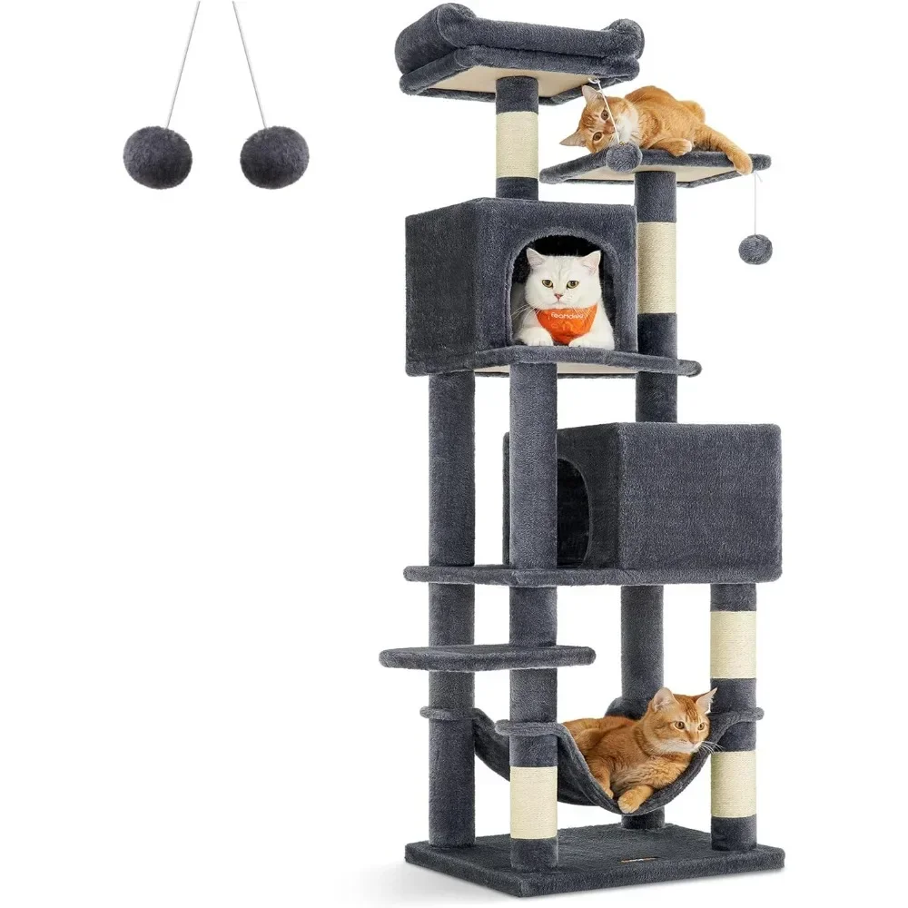 

Cat Tree, 61-Inch Cat Tower for Indoor Cats, Plush Multi-Level Cat Condo with 5 Scratching Posts, 2 Perches, 2 Caves