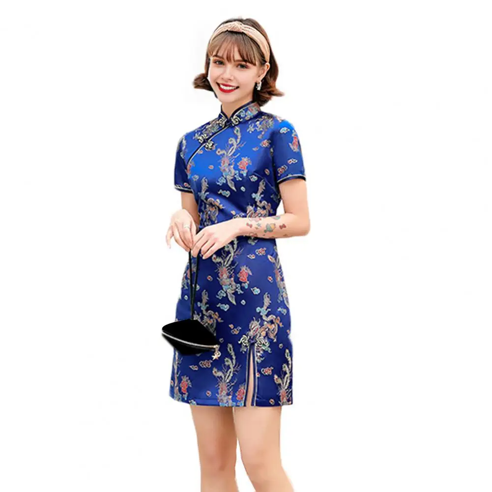 Chinese Qipao Elegant Dragon Phoenix Print Cheongsam Dress for Women Slim Retro Qipao with Stand for Wedding