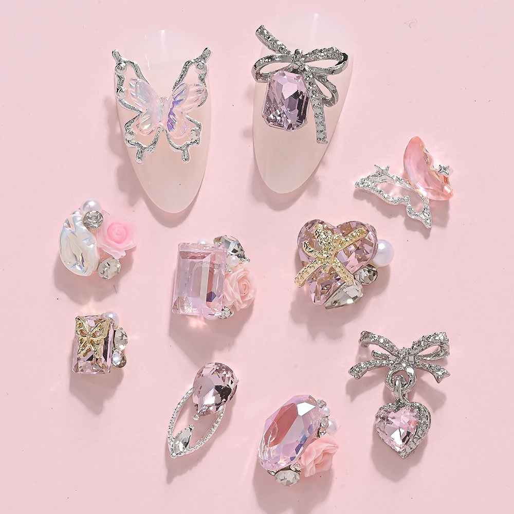 20/22 Uds. De dijes para uñas de la serie 3D rosa, mariposa, lazo, corazón, gemas para uñas, decoraciones, aleación de cristal, accesorios de joyería para uñas DIY de lujo *
