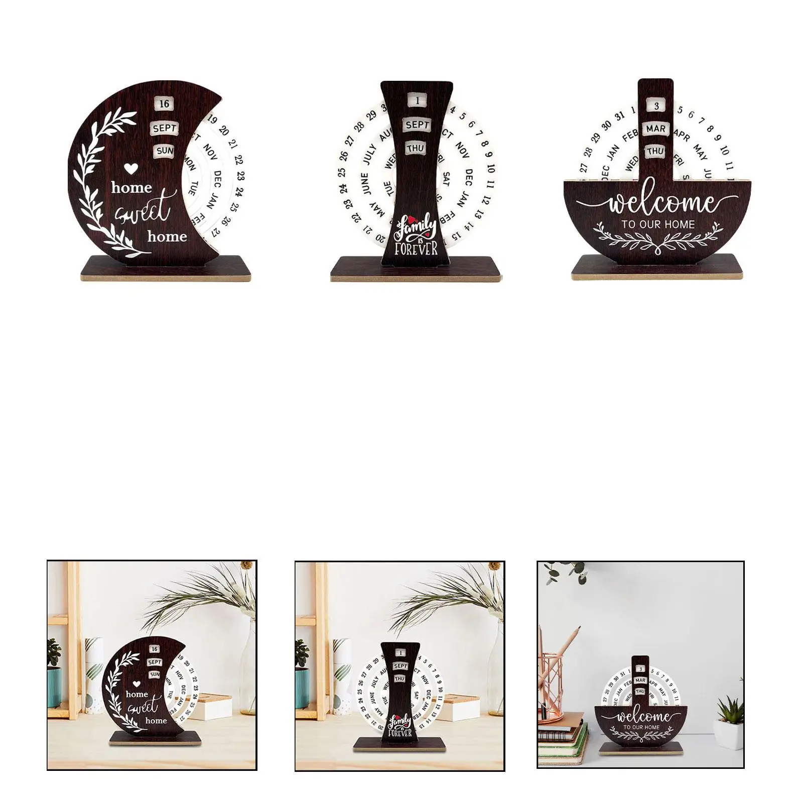 Wooden Disc Perpetual Desk Calendar Reusable Yearly Rotatable Tabletop Ornament for Table School Restaurant Cafe Birthday Gift