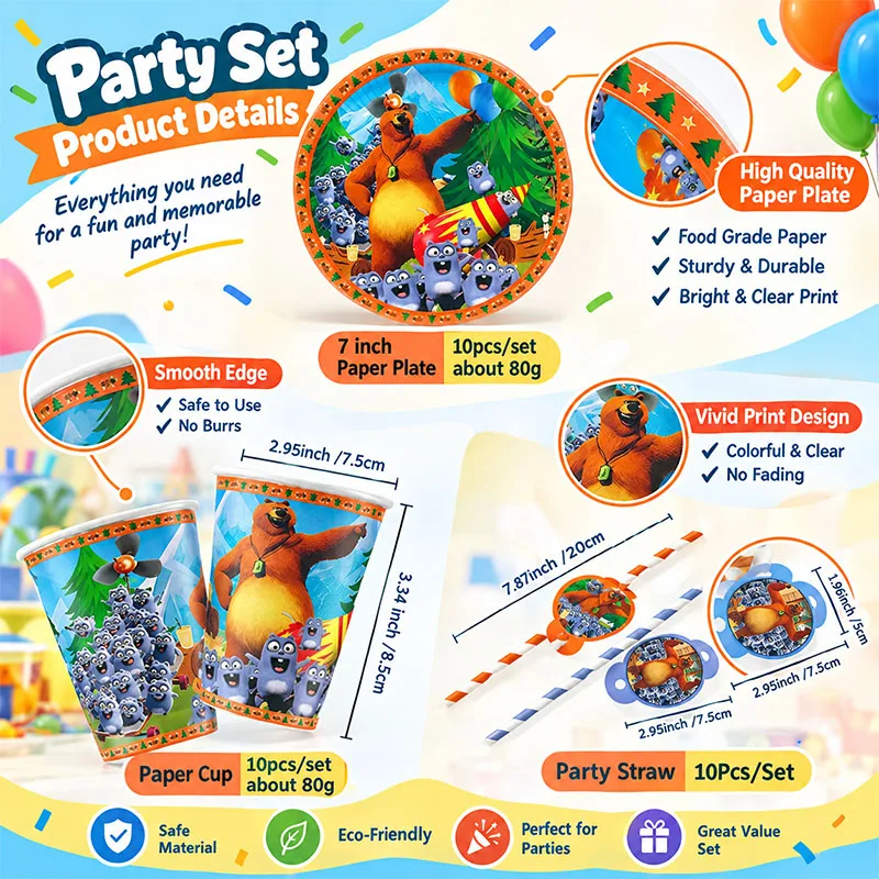 Grizzy and Lemmings Birthday Party Theme Disposable Tableware Set Graduation Ceremony Table Gathering Activities Straw Paper Cup