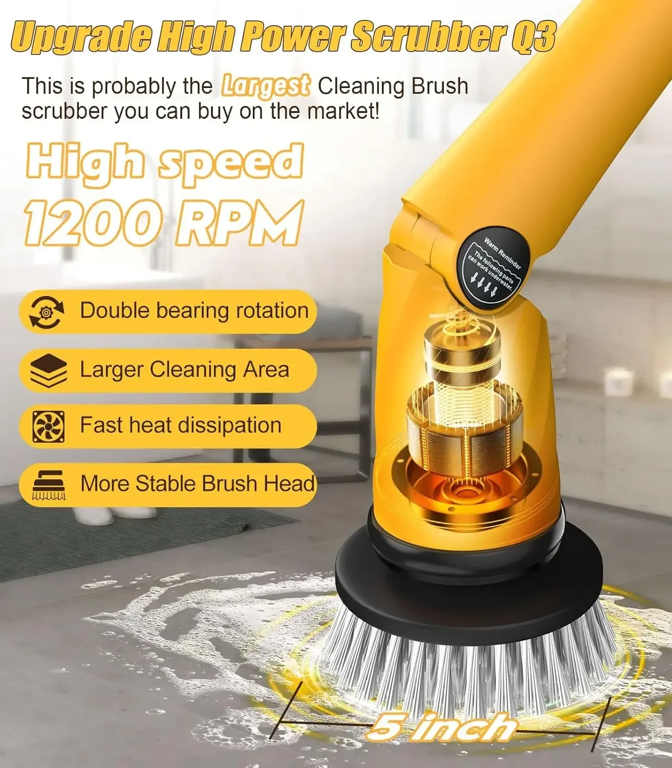 Electric Spin Scrubber Extra Large Brush Q3,6000 mAh Best Battery Power Scrubber for Cleaning,1200RPM Shower Cordless Cleaning B