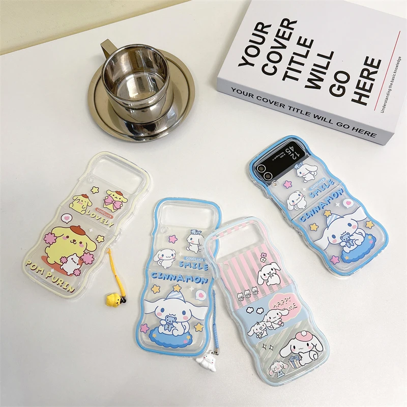 Cute Sanrio Cinnamoroll Pom Pom Purin with bracelet Phone Case For Samsung Galaxy Z Flip 3 4 5 5G ZFlip3 ZFlip4 ZFlip5