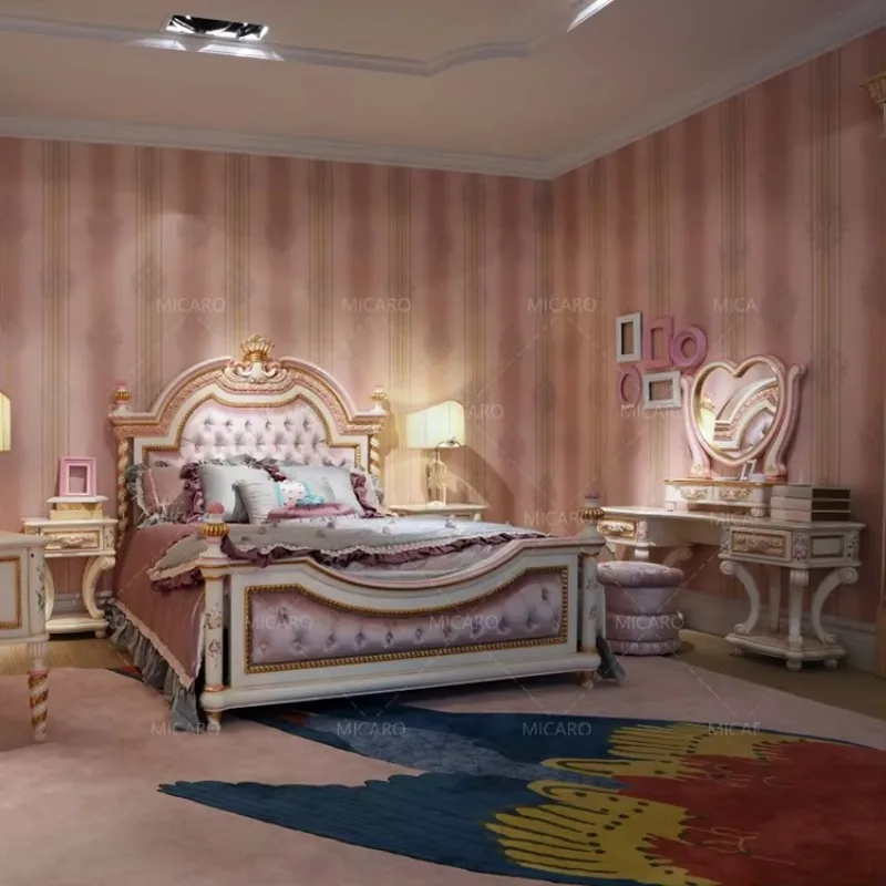 LEQ001A Royal European Style Solid Wood Kids Bed Bedroom Furniture Set with Drawing