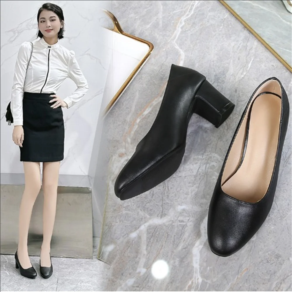 Flight attendant work women's shoes black work short heel shallow mouth soft leather low heel thick heel interview single shoes