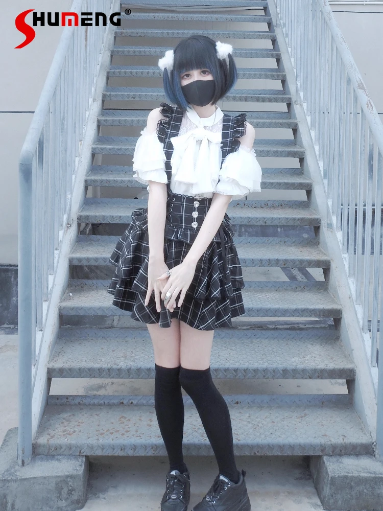 

Japanese Mines Style Mass-Produced Plaid Detachable Strap Skirts Bow Heart Diamond High Waist Sweet Kawaii Lolita Skirt Women