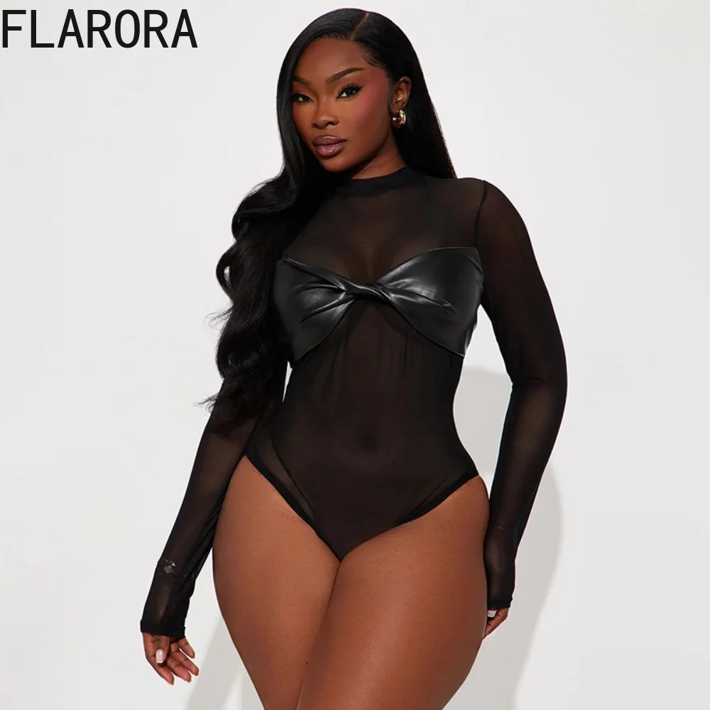 FLARORA Sexy Pu Leather Nodo Patchwork Body Donna Girocollo Manica lunga Maglia Vedere attraverso Tute Party Clubwear Body