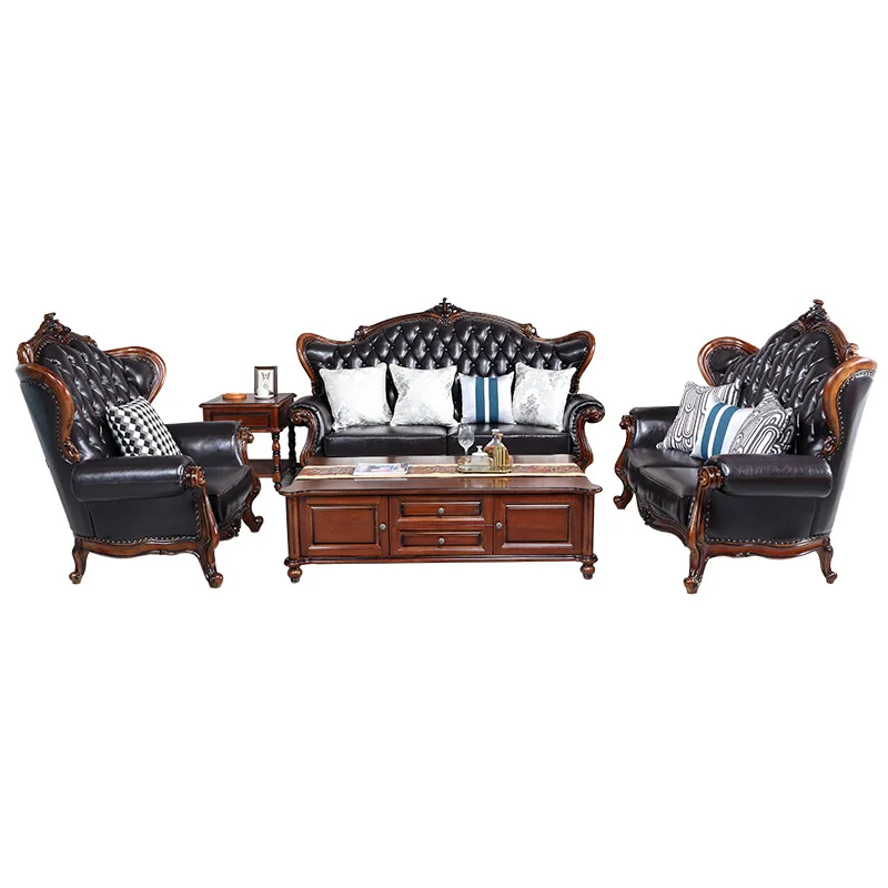 

High-end solid wood leather sofa villa living room furniture American solid wood sofa combination three-person household leather