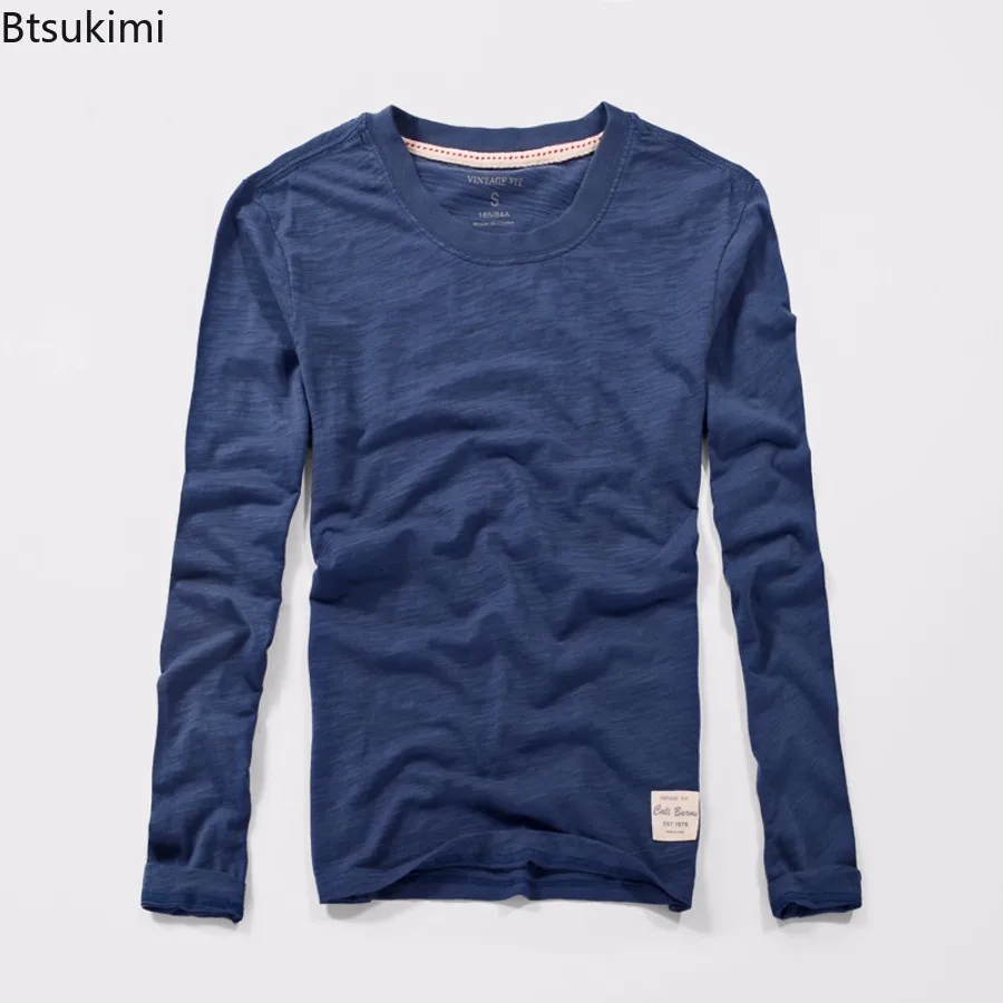 

Spring New Men's Bamboo Cotton Long Sleeve T-shirts Fashion Casual Thin Tops Simple Comfortable Shirts Vintage Distressed Tees