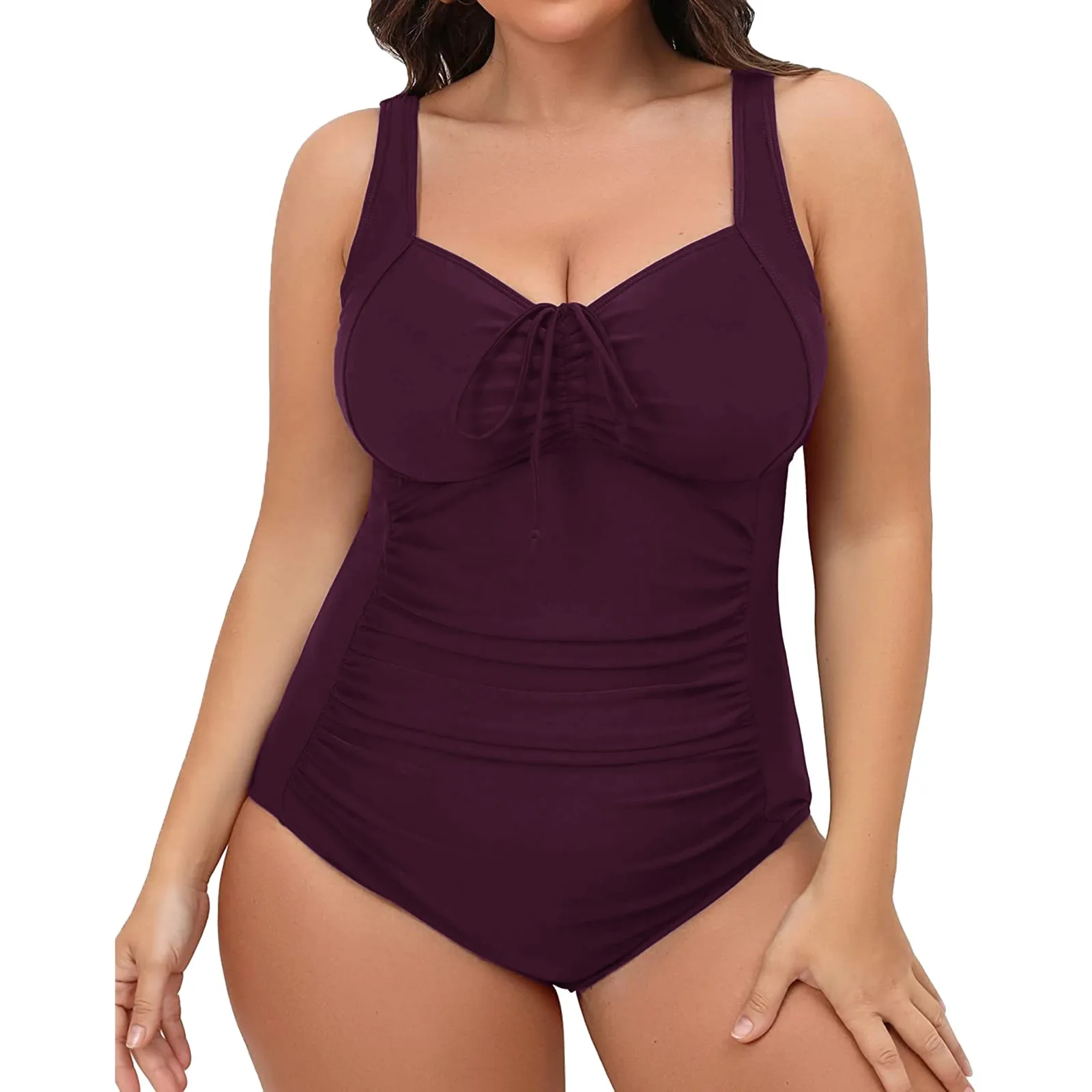 One Piece Women Plus Size Swimsuits Tummy Control Swimwear Bathing Suit Ruched Monokini Vintage Solid Color Summer Beachwear