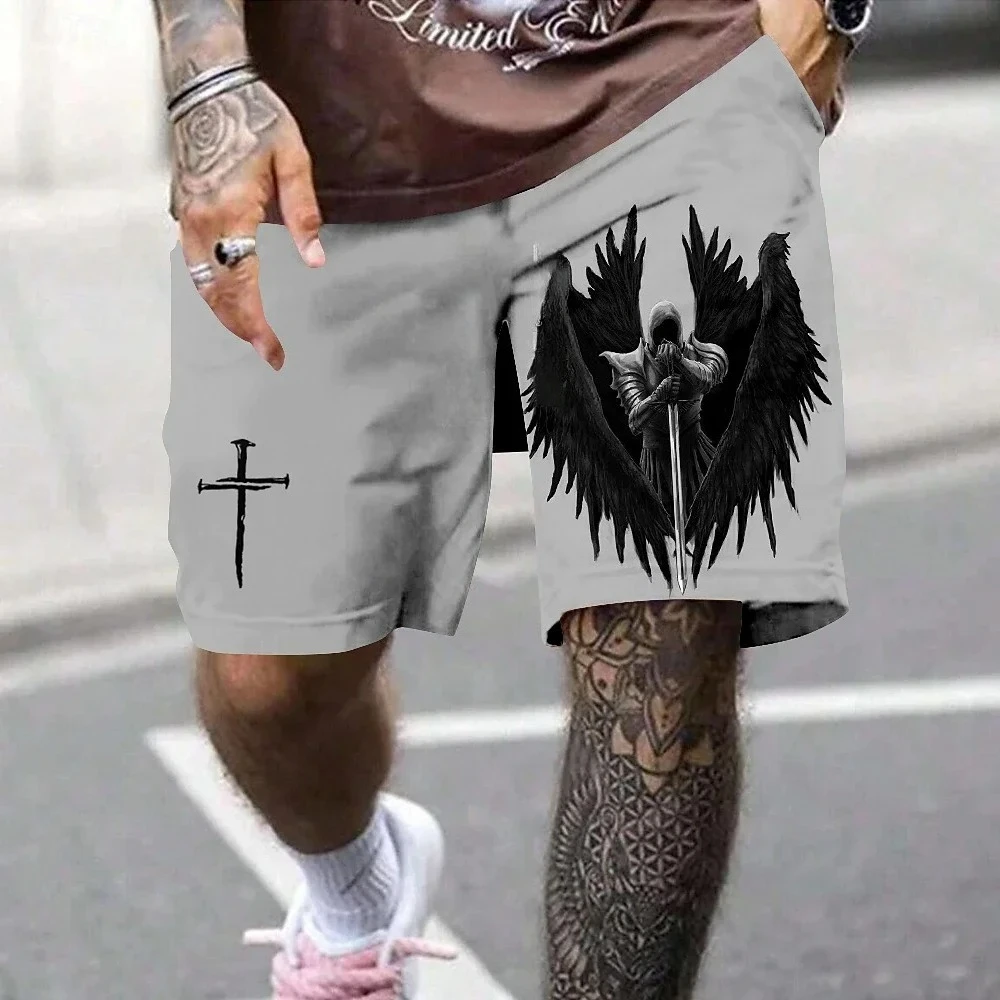 Celana Renang Pria Celana Pendek Pantai Gambar Malaikat Silang 3D Retro Celana Pendek Olahraga Santai Luar Ruangan Cepat Kering Celana Pendek Fashion Pakaian Renang