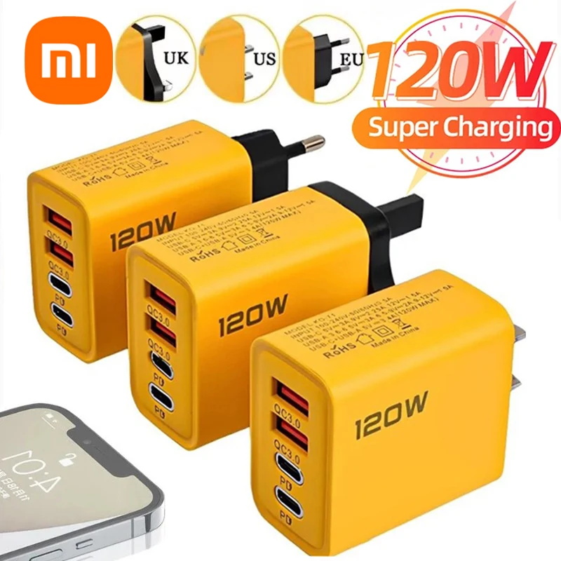 샤오미 120W 4 포트 USB C PD 충전기, 고속 충전 3.0, C타입 USB 휴대폰 충전기, 화웨이 삼성 아이폰용 퀵 충전 어댑터